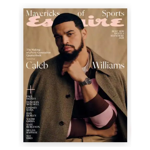 Esquire magazine cover featuring a person in a plaid jacket and pink sweater. The cover highlights \“Mavericks of Sports,\“ focusing on Caleb Williams and includes names like Paul Skenes, Donovan Mitchell, and Megan Rapinoe.