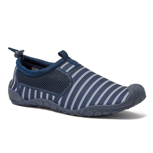 Lands' End Women's Water Shoes feature blue and white stripes with a pull-cord adjustment at the back, mesh panels for breathability, and a sturdy rubber sole, designed for comfort and water-based activities.