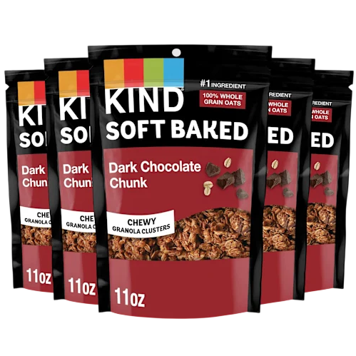 KIND Soft Baked Chewy Granola Clusters in Dark Chocolate Chunk flavor, each pack is 11 oz. Contains whole grain oats and dark chocolate pieces.