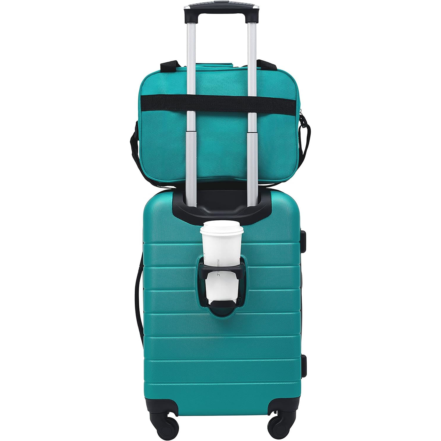 Teal rolling suitcase with a matching smaller bag on top. A cup holder is attached to the suitcase, holding a coffee cup.