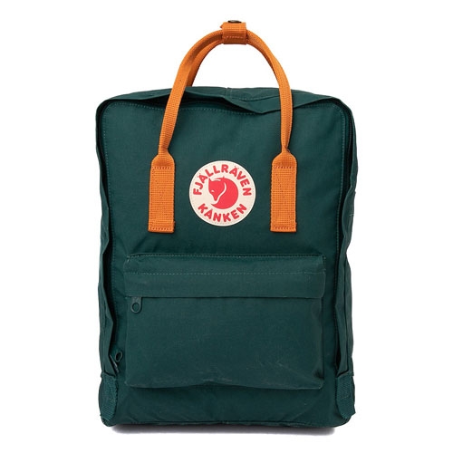 Green Fjallraven Kanken backpack with orange handles and logo patch.