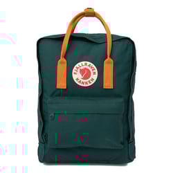 Green Fjallraven Kanken backpack with orange handles and logo patch.