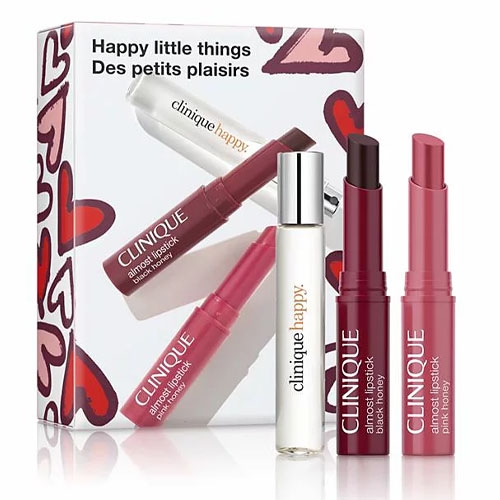 A three-piece Clinique makeup set with a mini perfume and two lip sticks.
