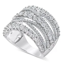 A silver ring with multiple rows of round-cut diamonds in an overlapping pattern, creating a wide, sparkling band design.