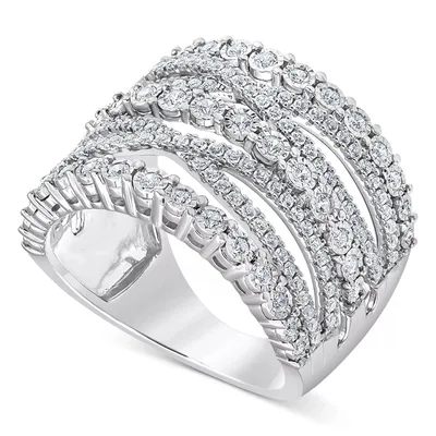 A silver ring with multiple rows of round-cut diamonds in an overlapping pattern, creating a wide, sparkling band design.