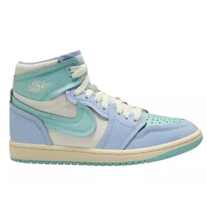 A high-top sneaker in shades of light blue, teal, and white, featuring the Nike swoosh, with white laces and an off-white midsole.