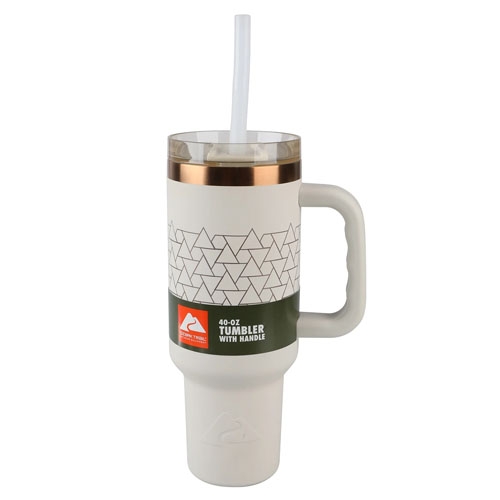 a 40-ounce beige tumbler with a handle and straw lid