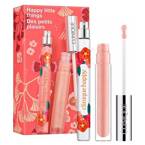 Clinique Happy gift set includes a perfume spray and a lip gloss with a floral and colorful design on the packaging.