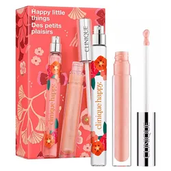 Clinique Happy gift set includes a perfume spray and a lip gloss with a floral and colorful design on the packaging.