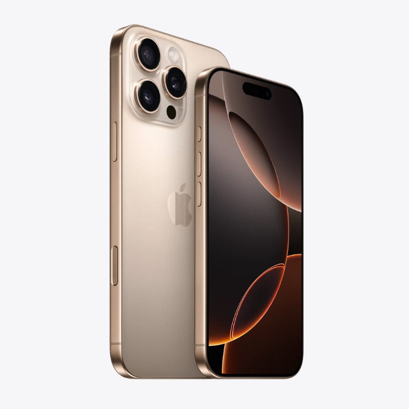 Gold iPhone 16 Pro with a triple-lens camera system on its back and a black front screen with a highlighted outline design displayed.