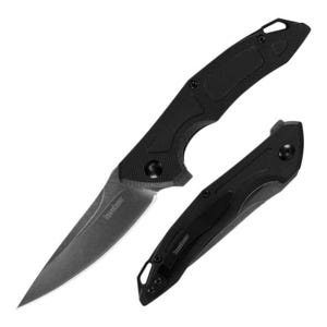A Kershaw Method Folding Knife with a black, textured handle and a partially opened stainless steel blade, featuring a lanyard hole at the end of the handle.