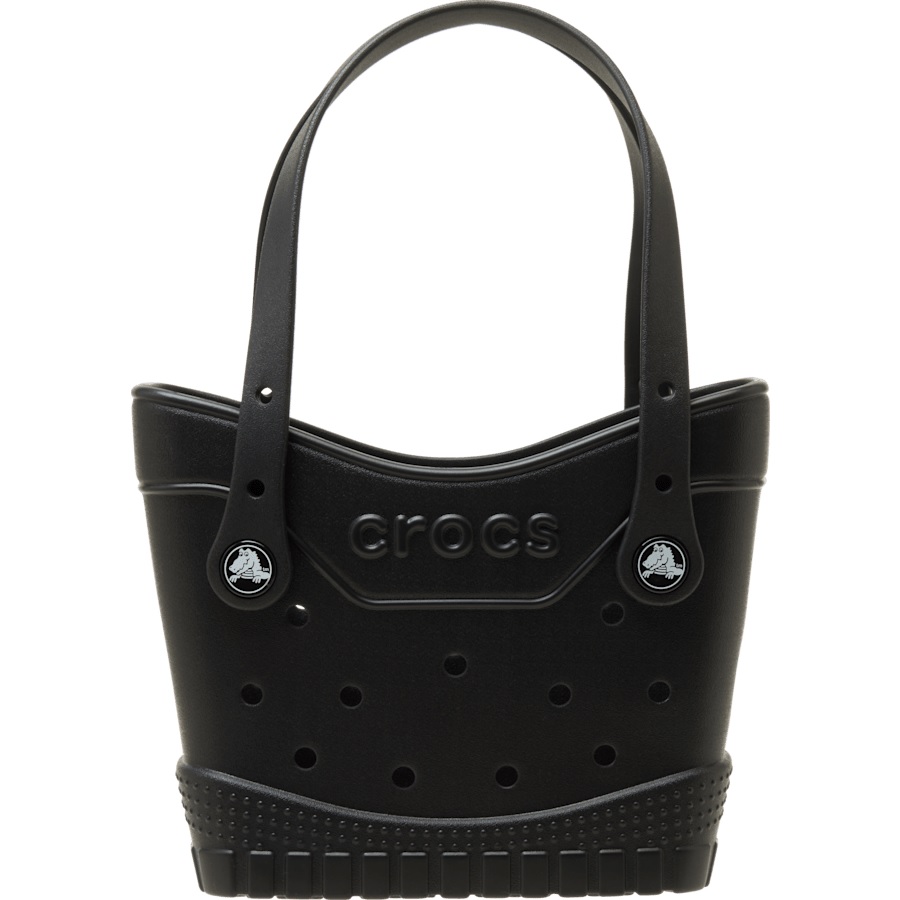 A black Crocs handbag resembling a classic Crocs shoe with perforated design, featuring logo details and two handles.