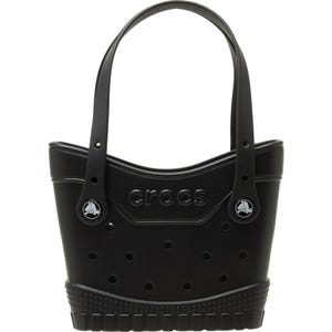 A black Crocs handbag resembling a classic Crocs shoe with perforated design, featuring logo details and two handles.
