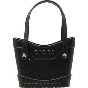 A black Crocs handbag resembling a classic Crocs shoe with perforated design, featuring logo details and two handles.