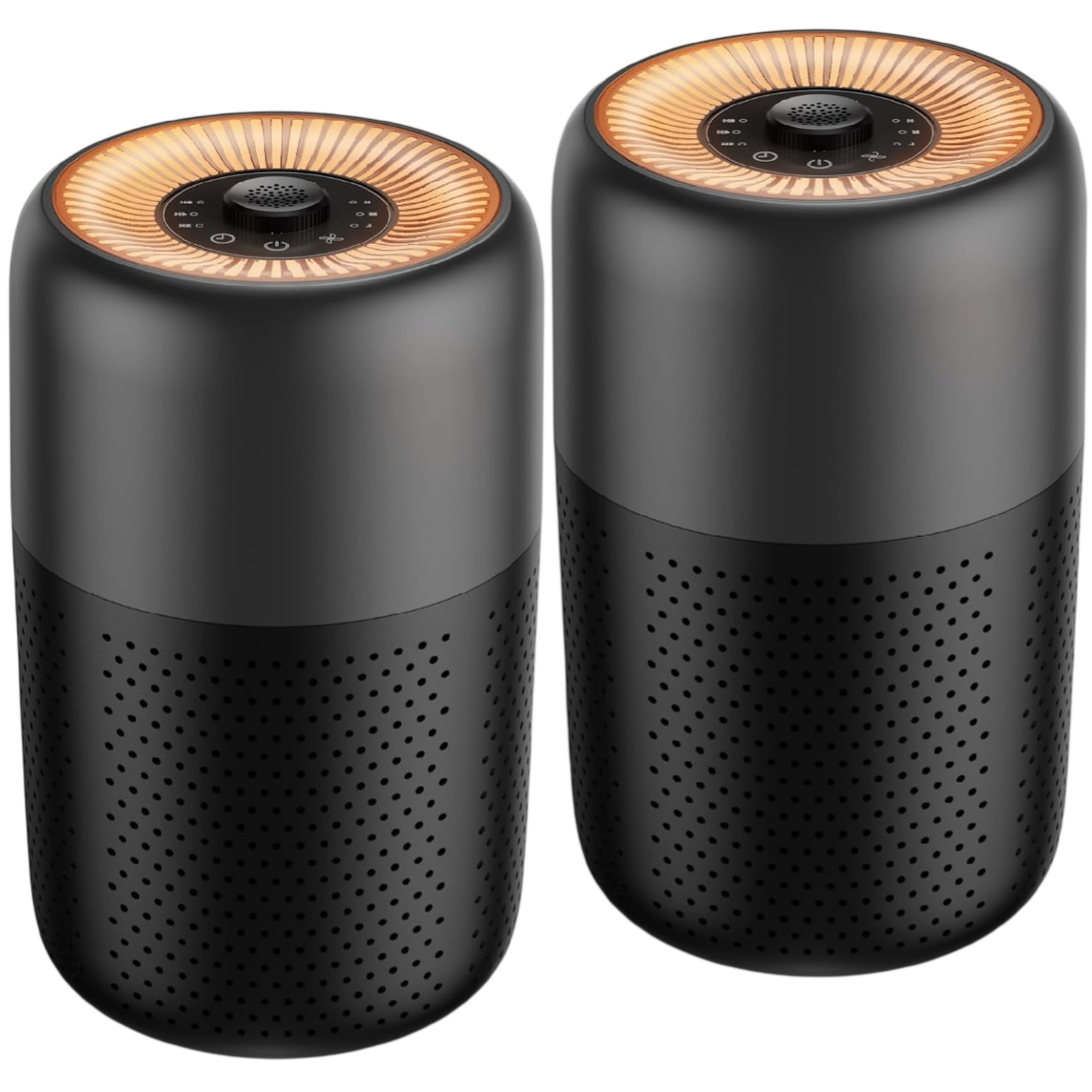 Two black cylindrical air purifiers with perforated lower sections and control panels on top, featuring a circular light design around the edges.