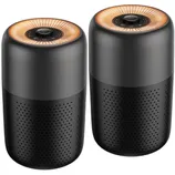 Two black cylindrical air purifiers with perforated lower sections and control panels on top, featuring a circular light design around the edges.