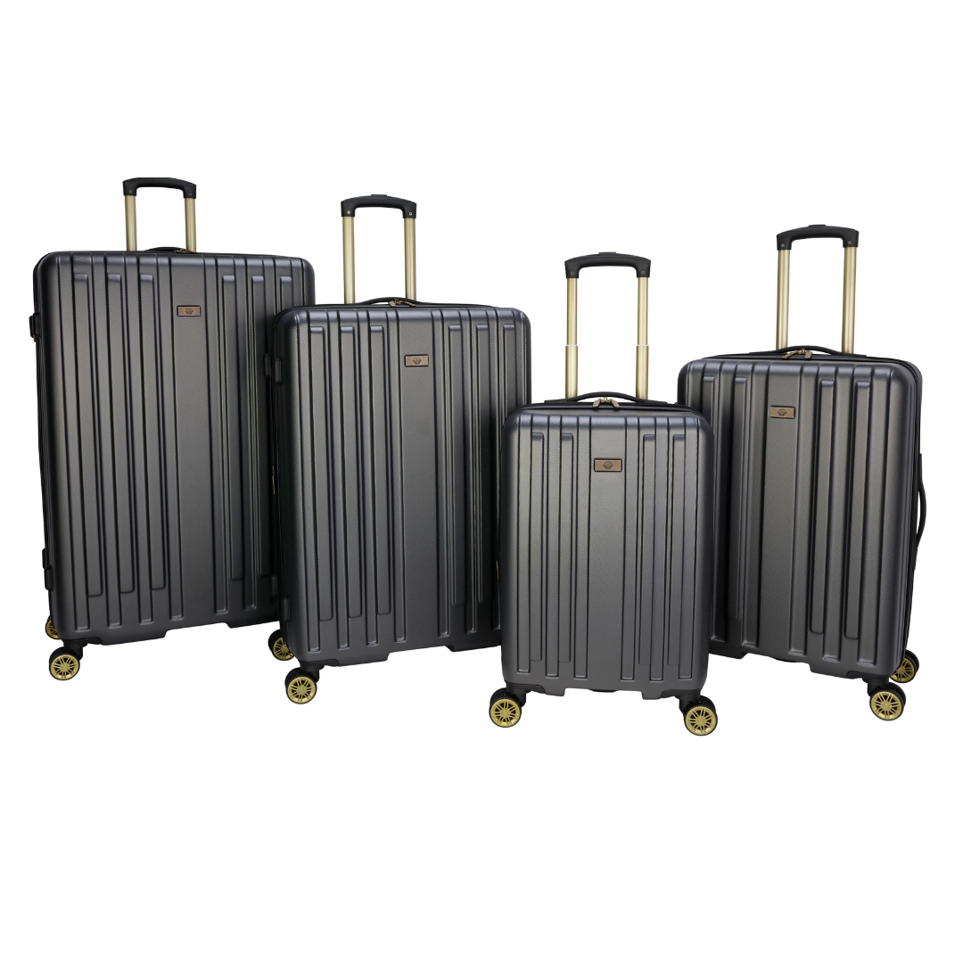 Dockers 4pc Extreme Lite Luggage Set features four hard-shell suitcases in varying sizes, all with a sleek, ribbed design and four spinner wheels for easy maneuverability.