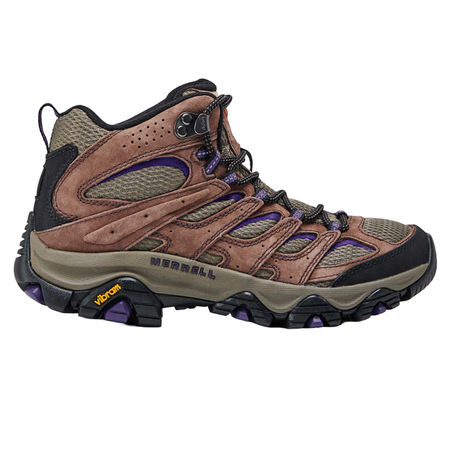 Merrell hiking boot with brown suede and mesh upper, featuring a Vibram outsole for enhanced grip and durability.
