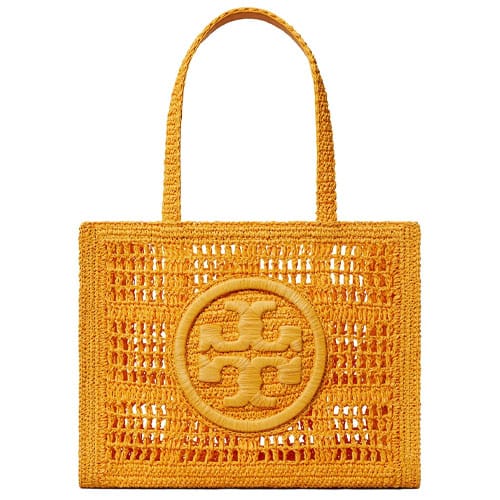 A woven yellow tote bag featuring a geometric pattern and central circular emblem.