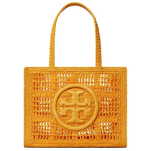 A woven yellow tote bag featuring a geometric pattern and central circular emblem.