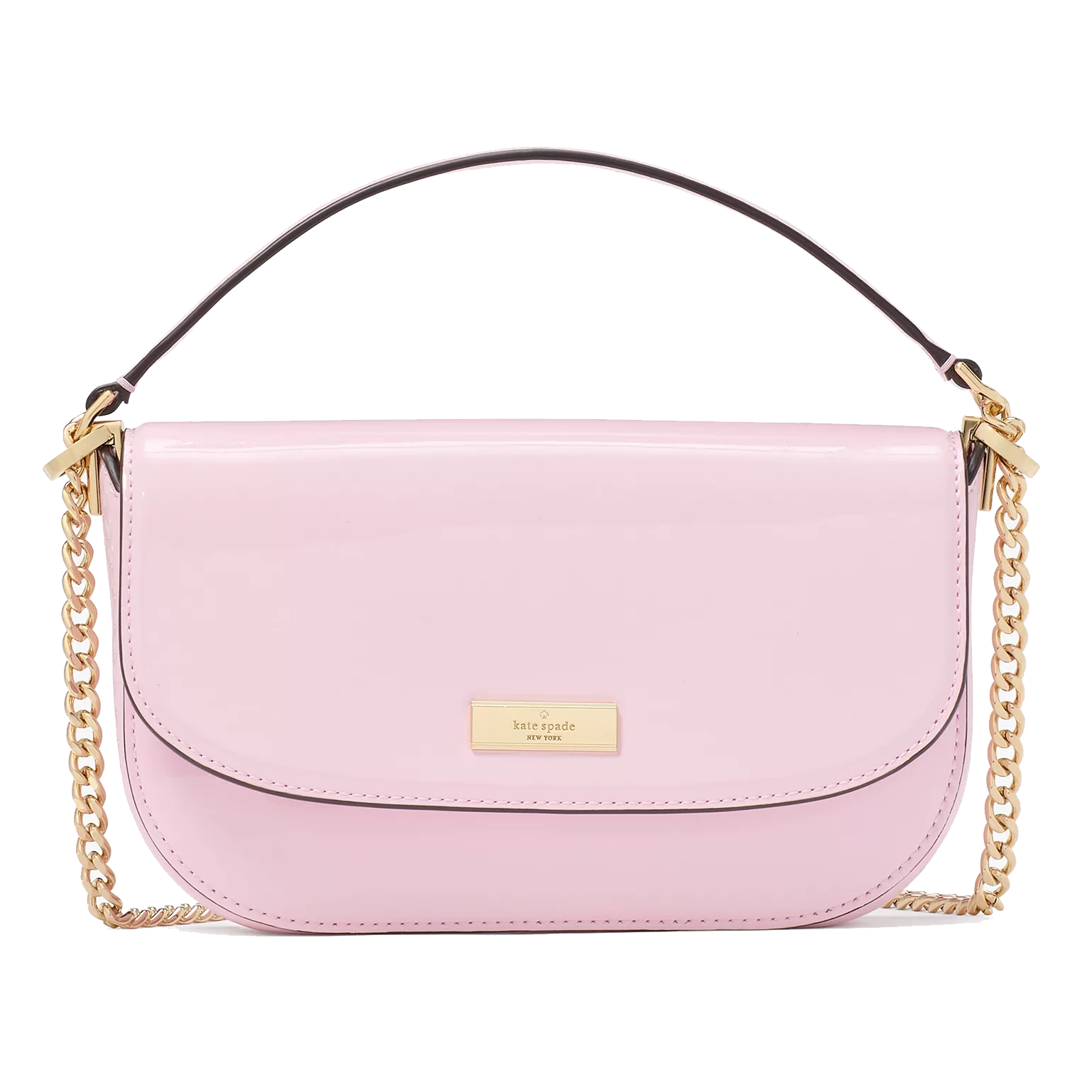 A pastel pink shoulder bag with a glossy finish, gold chain accents, and a flap closure featuring a small gold brand plaque.