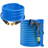 A coiled blue expandable garden hose, 100ft in length, with brass connectors and a multi-pattern spray nozzle attached.