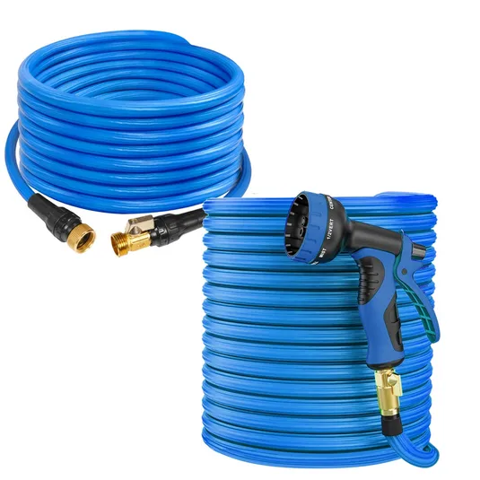 A coiled blue expandable garden hose, 100ft in length, with brass connectors and a multi-pattern spray nozzle attached.