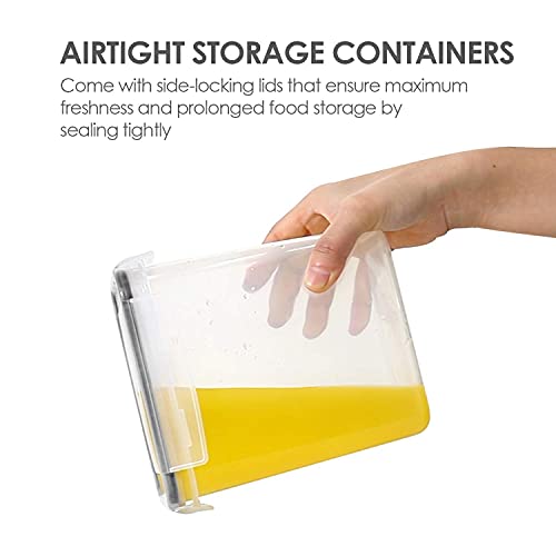 A hand is shown tilting a clear, rectangular airtight storage container with side-locking lids and yellow liquid inside, illustrating the container's sealing capability.