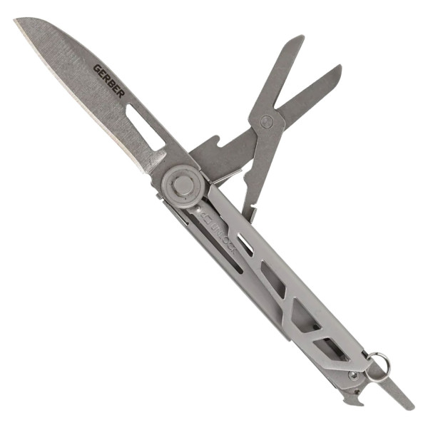 A Gerber multi-tool, featuring a folding knife, scissors, and other tools. It has a metallic, skeletonized handle design with a keyring attachment.