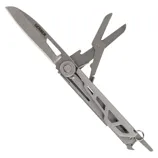 A Gerber multi-tool, featuring a folding knife, scissors, and other tools. It has a metallic, skeletonized handle design with a keyring attachment.