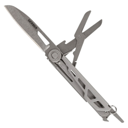 A Gerber multi-tool, featuring a folding knife, scissors, and other tools. It has a metallic, skeletonized handle design with a keyring attachment.