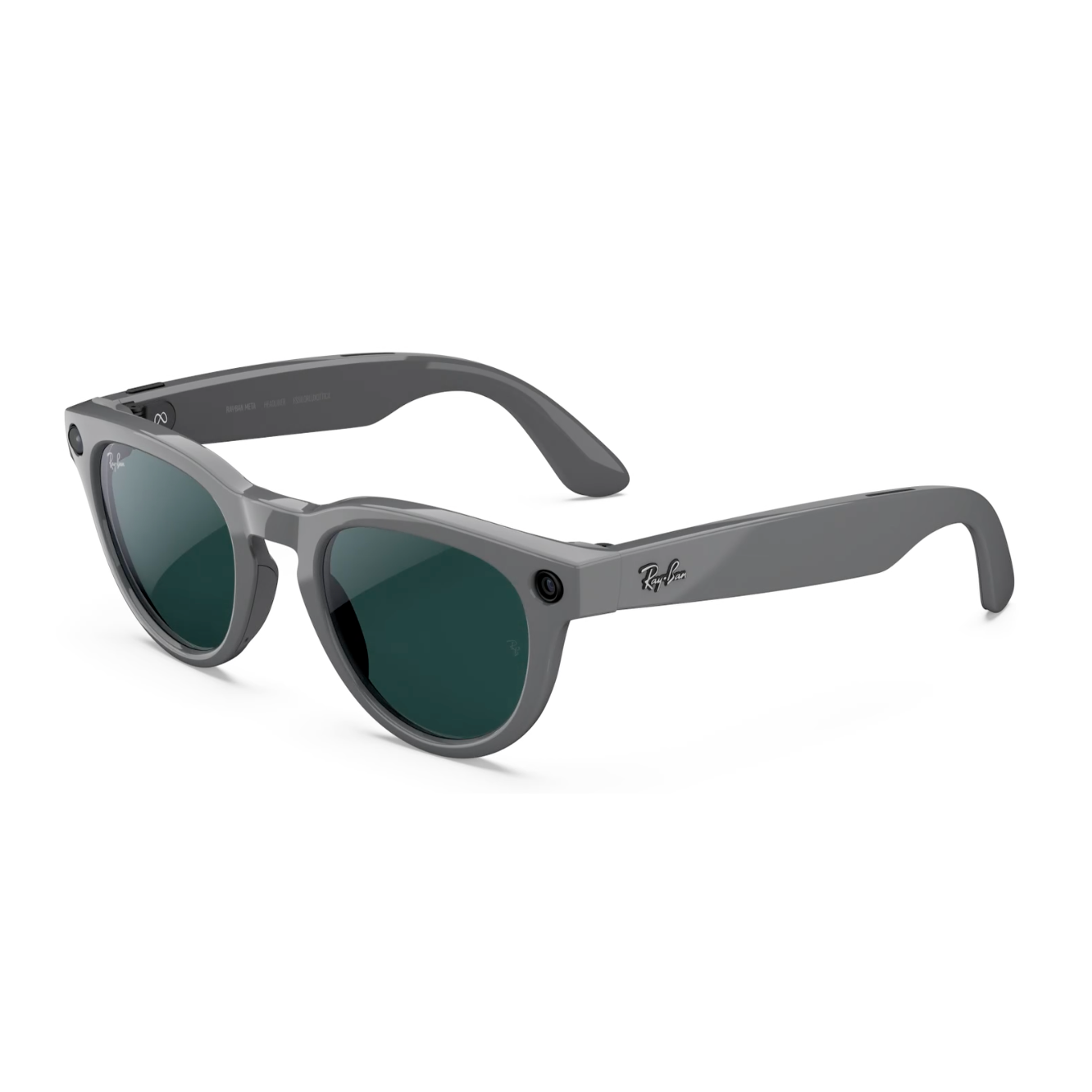 Gray Ray-Ban smart sunglasses featuring built-in cameras on each side of the frame, and dark lenses.