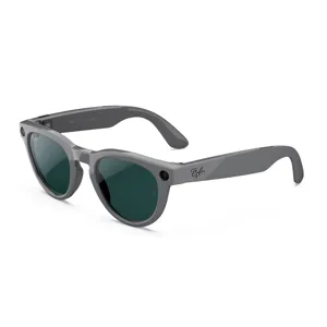 Gray Ray-Ban smart sunglasses featuring built-in cameras on each side of the frame, and dark lenses.