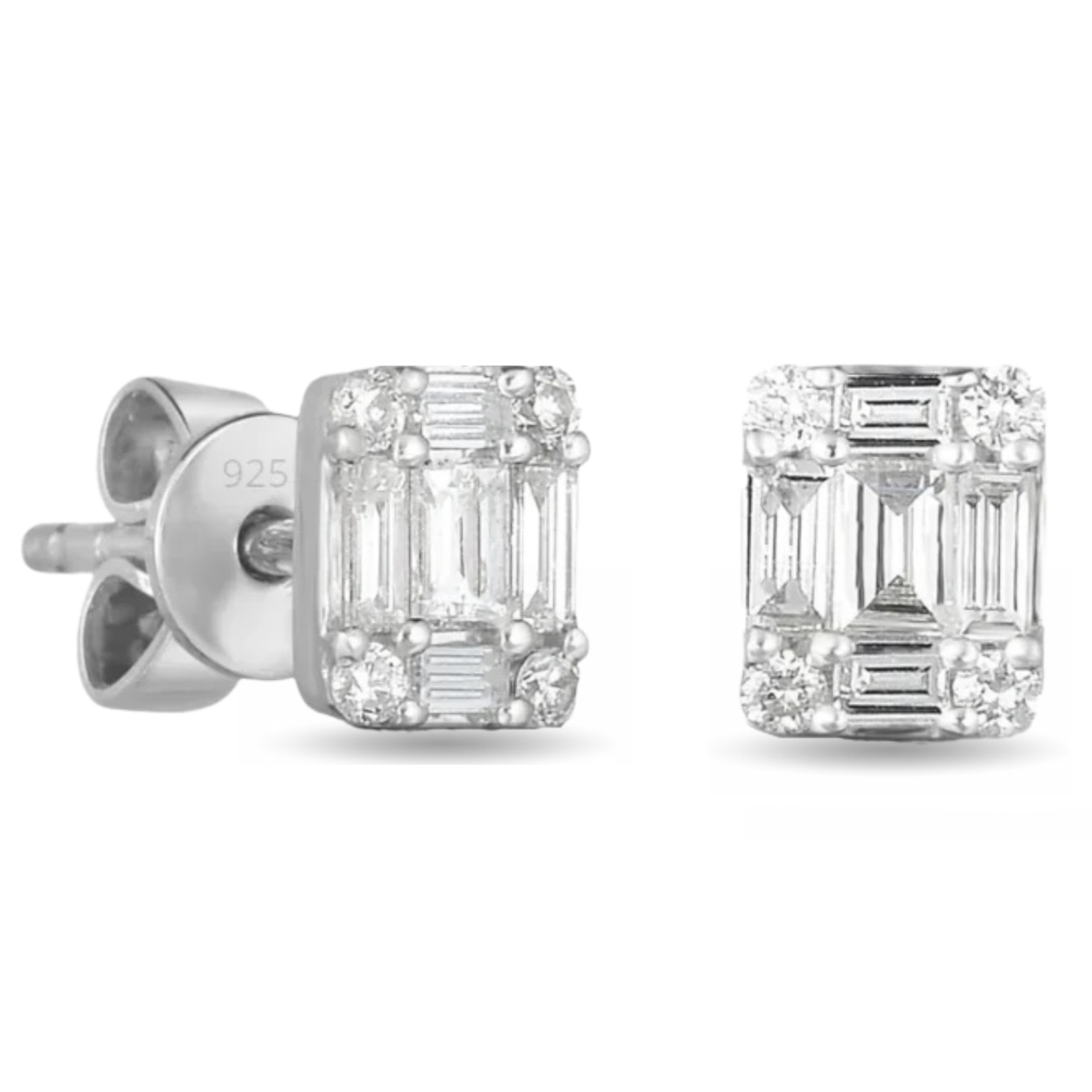 Pair of rectangular stud earrings featuring a combination of baguette and round-cut stones set in sterling silver, marked with \“925.\“