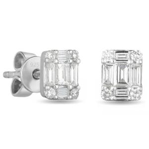 Pair of rectangular stud earrings featuring a combination of baguette and round-cut stones set in sterling silver, marked with \“925.\“