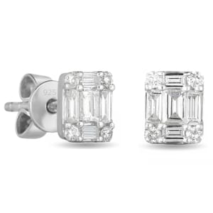 Pair of rectangular stud earrings featuring a combination of baguette and round-cut stones set in sterling silver, marked with \“925.\“