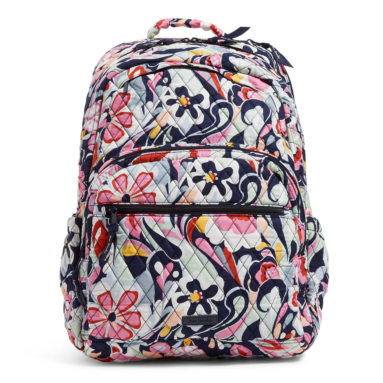 Vera Bradley Outlet Large Backpack features a quilted, colorful floral pattern with multiple zippered compartments for organization. It includes side pockets and a padded handle for comfort and ease of use.