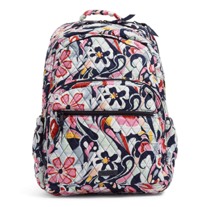 Vera Bradley Outlet Large Backpack features a quilted, colorful floral pattern with multiple zippered compartments for organization. It includes side pockets and a padded handle for comfort and ease of use.