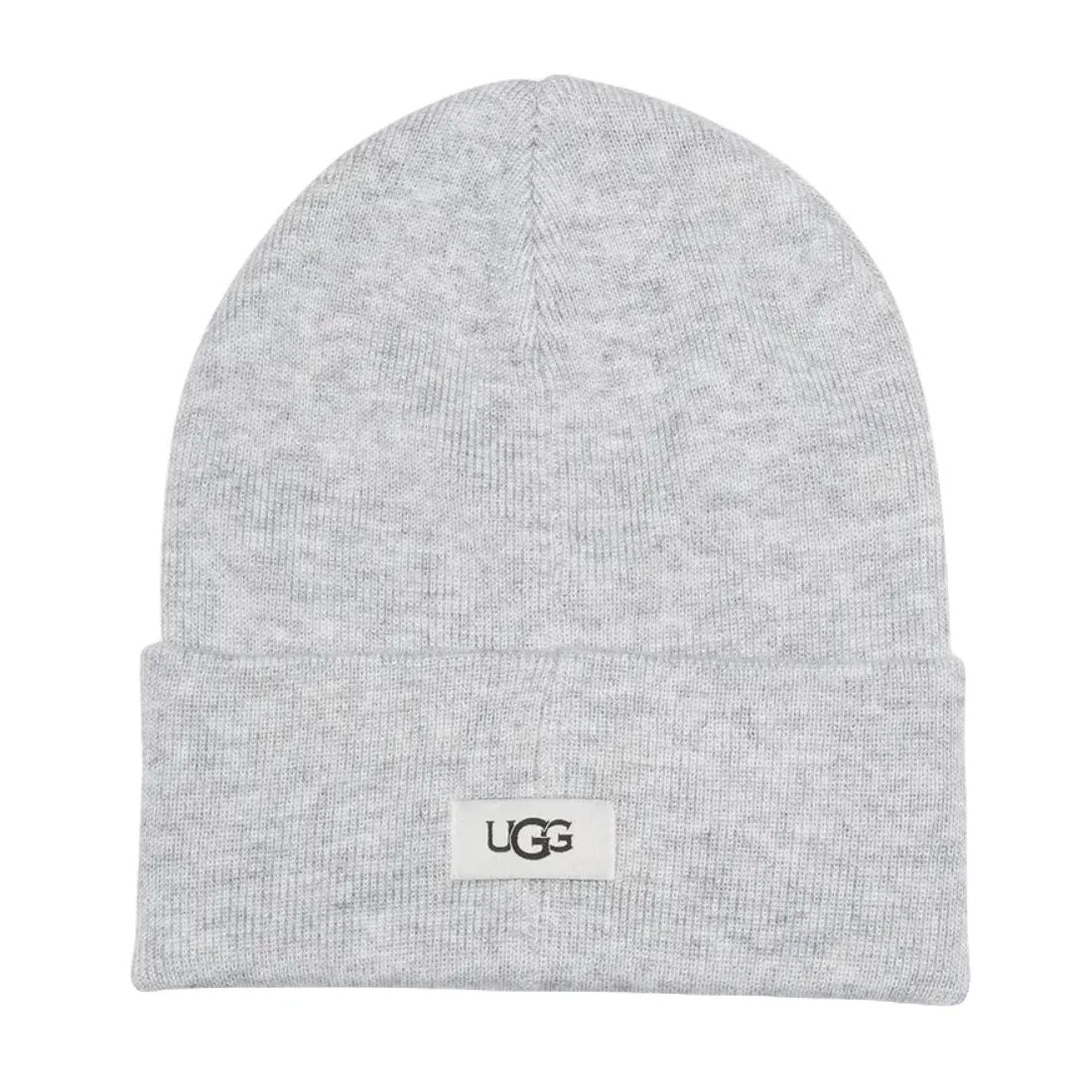 Gray knitted beanie with a fold-up brim, featuring a UGG logo patch.