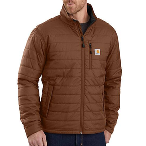 A brown quilted jacket with a front zipper, featuring a small logo on the chest pocket, and designed for warmth and casual wear.