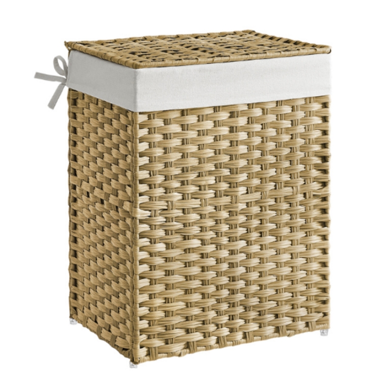 A woven laundry hamper with a rectangular shape, featuring a lid and a white fabric lining with a tie on one side.