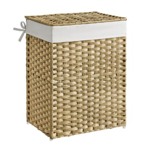 A woven laundry hamper with a rectangular shape, featuring a lid and a white fabric lining with a tie on one side.