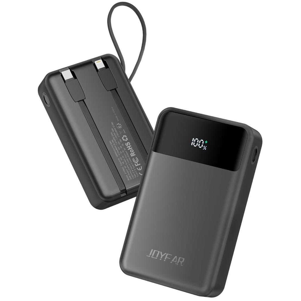 A portable power bank with a digital display showing battery percentage, featuring built-in charging cables and a sleek black design.