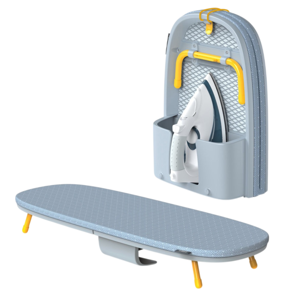 A compact ironing board with yellow legs, accompanied by a foldable storage unit containing an iron.