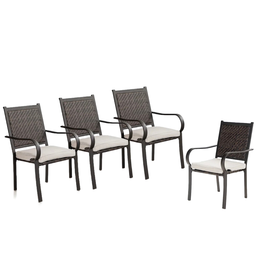 Four outdoor patio chairs with dark woven backs and armrests, each featuring a light cushion for seating.