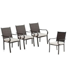 Four outdoor patio chairs with dark woven backs and armrests, each featuring a light cushion for seating.
