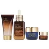 Estee Lauder skincare set featuring Advanced Night Cleansing Gelee, Advanced Night Repair Synchronized Multi-Recovery Complex, Revitalizing Supreme+ Night Power Crème, and a small eye cream jar.