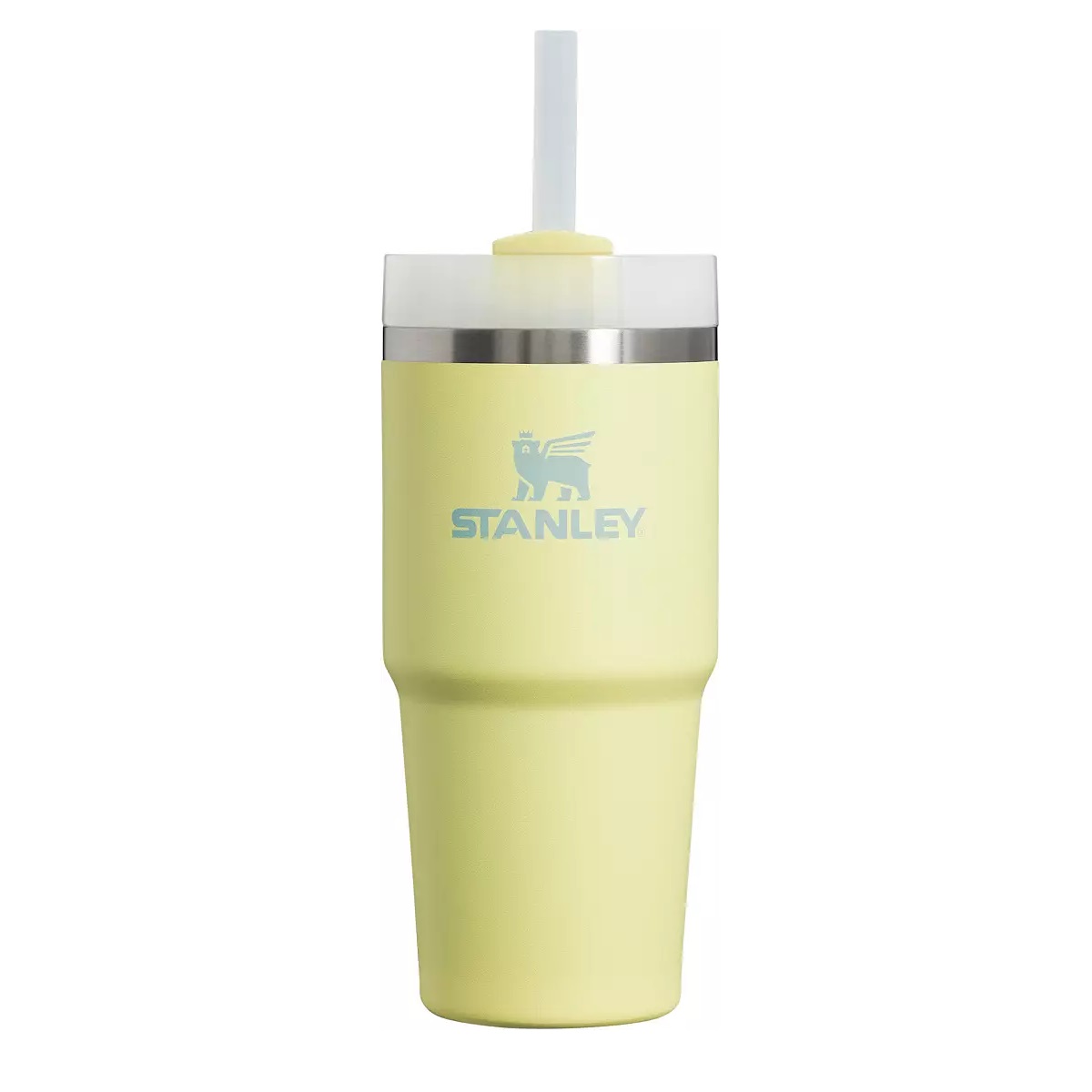 A yellow Stanley tumbler with a logo, featuring a translucent lid and straw.