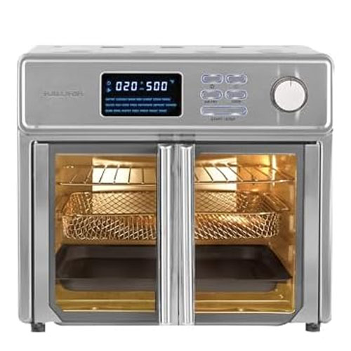 A stainless steel air fryer oven with digital controls, featuring two French doors, adjustable temperature settings, and multiple cooking racks.