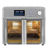 A stainless steel air fryer oven with digital controls, featuring two French doors, adjustable temperature settings, and multiple cooking racks.